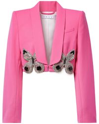 Area - Cropped Crystal-Embellished Wool-Blend Crepe Blazer - Lyst