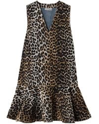 Ganni - Ruffled Leopard-Print Flocked Recycled-Denim Mini Dress - Lyst