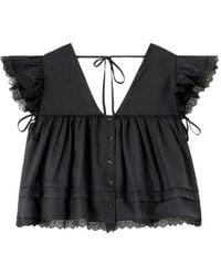 Ganni - Lace-Trim V-Neck Linen Top - Lyst