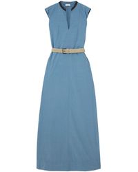 Brunello Cucinelli - V-Neck Sleeveless Belted Midi Dress - Lyst