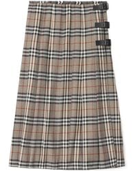 Burberry - Checked Pleated Midi Skirt - Lyst