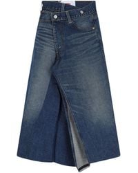 Junya Watanabe Asymmetric Paneled Pleated Denim Midi Skirt