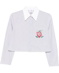CASABLANCA - Cropped Long-Sleeved Striped Shirt With Floral Embroidery - Lyst