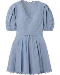 Ulla Johnson - Camilla Belted Embroidered Tulle-Trimmed Cotton-Chambray Mini Dress - Lyst