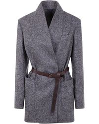 Brunello Cucinelli - Herringbone Patterned Belted Jacket - Lyst