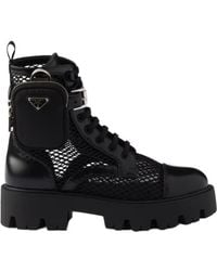 Prada - Mesh Fabric And Brushed Leather Booties With Pouch - Lyst