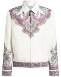 Etro - Linen Bomber Jacket With Placed Paisley Pochette Print - Lyst