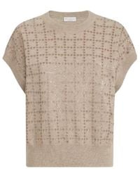 Brunello Cucinelli - Cashmere Knit T-Shirt With Dazzling Windowpane Embroidery - Lyst
