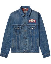 Gucci Embroidered Patch Shearling Denim Jacket in Blue for
