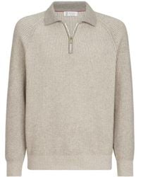 Brunello Cucinelli - Cashmere Vanisé English Rib Knit Polo With Half Zip - Lyst