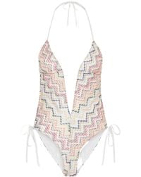 Missoni - Striped Crochet-Knit Halterneck Swimsuit - Lyst