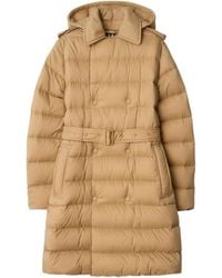 Burberry - Double Breasted Belted Hooded Puffer Coat - Lyst
