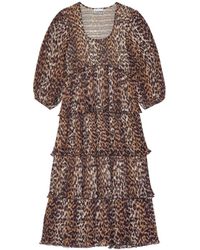 Ganni - Leopard Printed Pleated U-Neck Midi Dress - Lyst