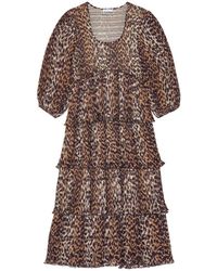 Ganni - Leopard Printed Pleated U-Neck Midi Dress - Lyst