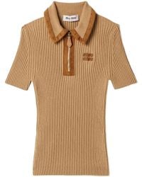 Miu Miu - Cashmere-Blend Suede-Trim Ribbed Polo Shirt - Lyst