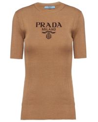 Prada - Logo Embroidered Ribbed Top - Lyst