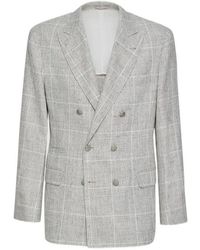Brunello Cucinelli - Linen Prince Of Wales One-And-A-Half Breasted Deconstructed Blazer With Metal Buttons - Lyst