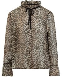 Ganni - Leopard Printed Chiffon Tie String Shirt - Lyst