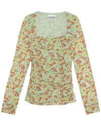 Ganni - Floral Printed Square Neck Top - Lyst