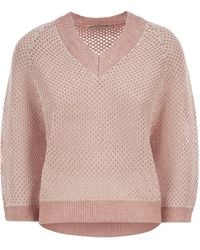 Peserico - V-Neck Embellished Mesh Knit Top - Lyst