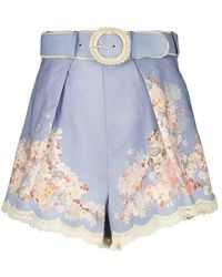 Zimmermann - Floral Printed Pleated Belted Shorts - Lyst