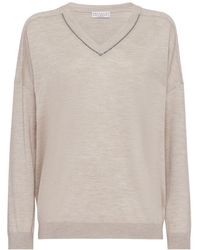 Brunello Cucinelli - V-Neck Embellished Knitted Jumper - Lyst