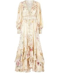 CAMILLA - Crystal-Embellished Tiered Floral-Print Silk-Chiffon Midi Dress - Lyst
