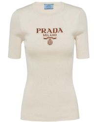 Prada - Silk Crew-Neck Sweater With Logo - Lyst