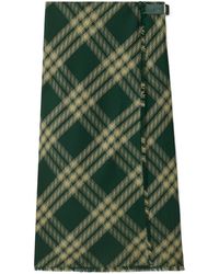 Burberry - Check Printed Frayed-Edge Midi Skirt - Lyst
