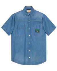 Gucci - Logo Patch Short-Sleeved Denim Shirt - Lyst
