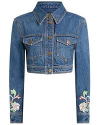 Etro - Cropped Denim Jacket With Floral Embroidery - Lyst