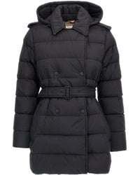 Burberry - Double Breasted Belted Hooded Down Coat - Lyst