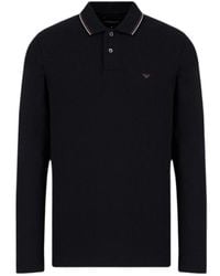 Emporio Armani - Micro Eagle Embroidered Long-Sleeved Stretch Pique Polo Shirt - Lyst