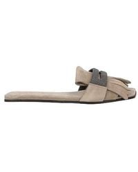 Brunello Cucinelli - Lambskin Fringe Beaded Slide Sandals - Lyst