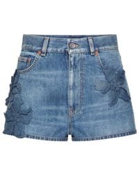 Valentino - Floral-Appliqué Straight Hem Denim Shorts - Lyst