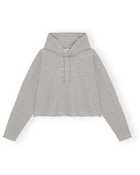 Ganni - Logo Embroidered Drawstring Cropped Hoodie - Lyst