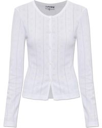 Ganni - Pointelle Knit Round Neck Cardigan - Lyst