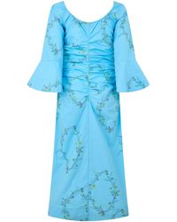 Ganni - Floral-Print Ruched Midi Dress - Lyst