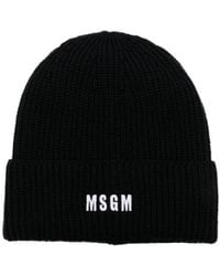 MSGM - Logo Embroidered Ribbed-Knit Beanie - Lyst