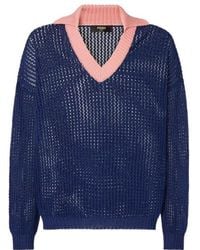 Fendi - Contrast V-Neck Ribbed-Knit Polo Top - Lyst