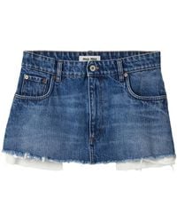 Miu Miu - Logo Detailed Frayed-Hem Denim Skirt - Lyst