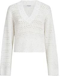 Brunello Cucinelli - Openwork V-Neck Knitted Sweater - Lyst