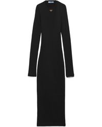 Prada - Long-Sleeved Ribbed Midi Dress - Lyst
