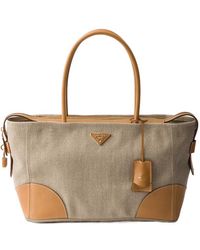 Prada - Large Linen And Leather Tote Bag - Lyst