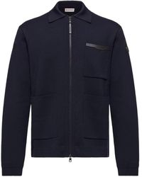 Moncler - Leather Logo Wool Zip-Up Cardigan - Lyst