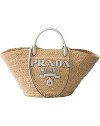 Prada - Large Raffia And Leather Shopping Bag - Lyst