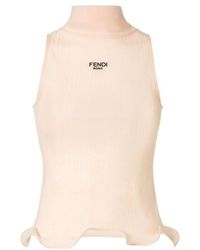 Fendi - Logo Embroidered High-Neck Sleeveless Ribbed Top - Lyst