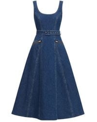 Self-Portrait - Belt-Detail Flared Midi Denim Dress - Lyst