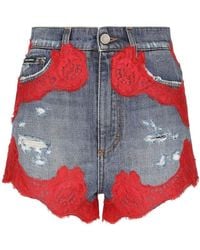 Dolce & Gabbana - Floral-Lace Distressed Denim Shorts - Lyst