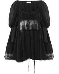Chloé - Scoop-neck Puff-sleeve Top In Silk Georgette & Lace - Lyst